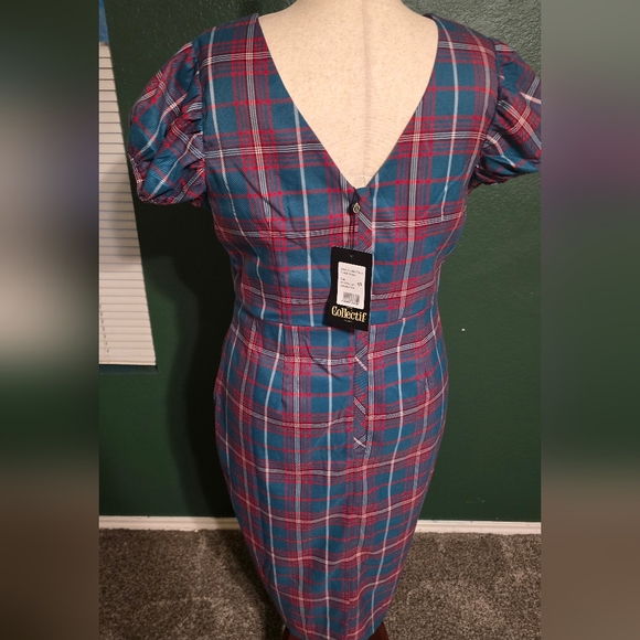Collectif Plus Size Red & Blue Plaid Demira Pencil Dress - UK 20  - Picture 3 of 3